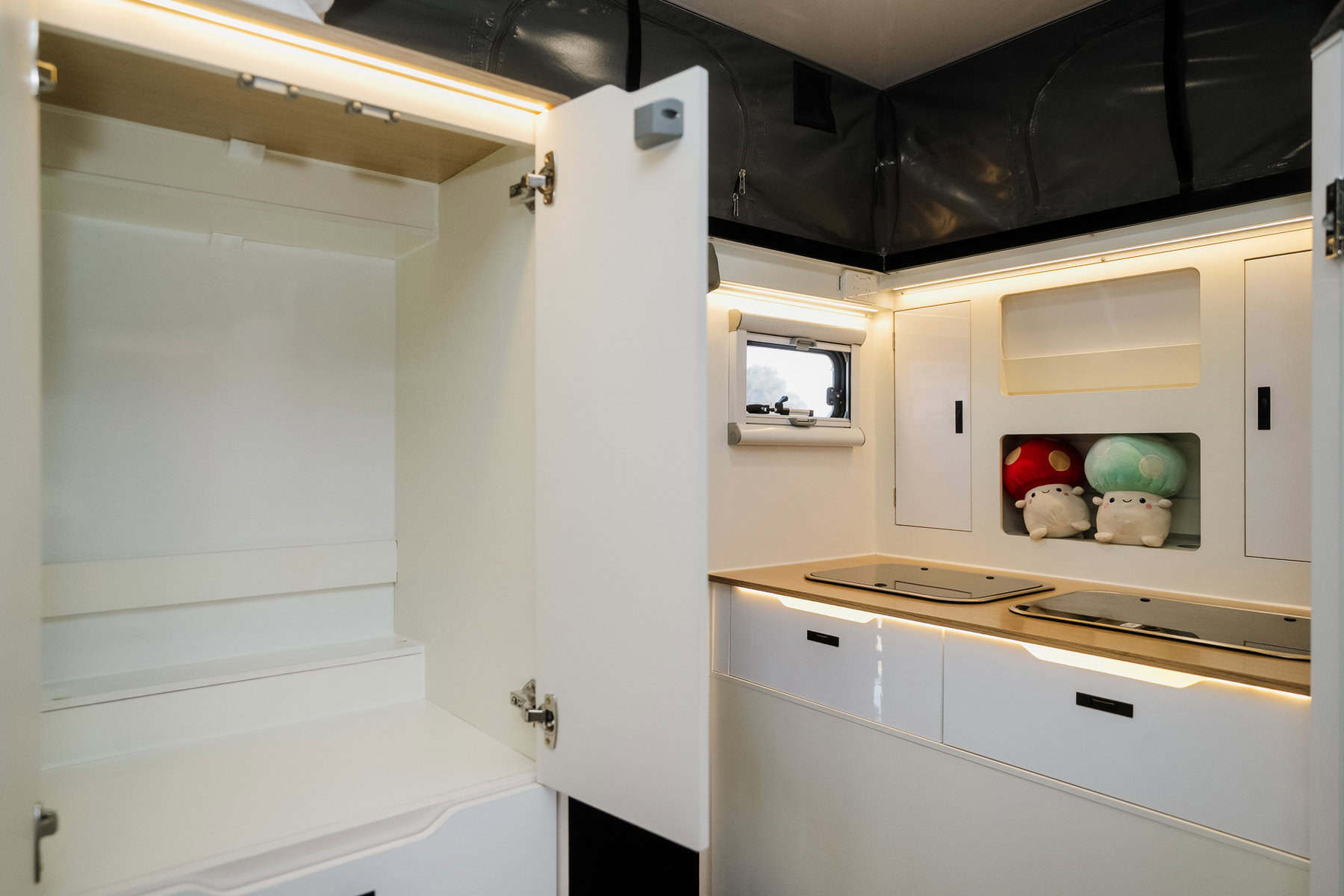 Mars 11S offroad hybrid caravan interior internal storage and internal cooking area