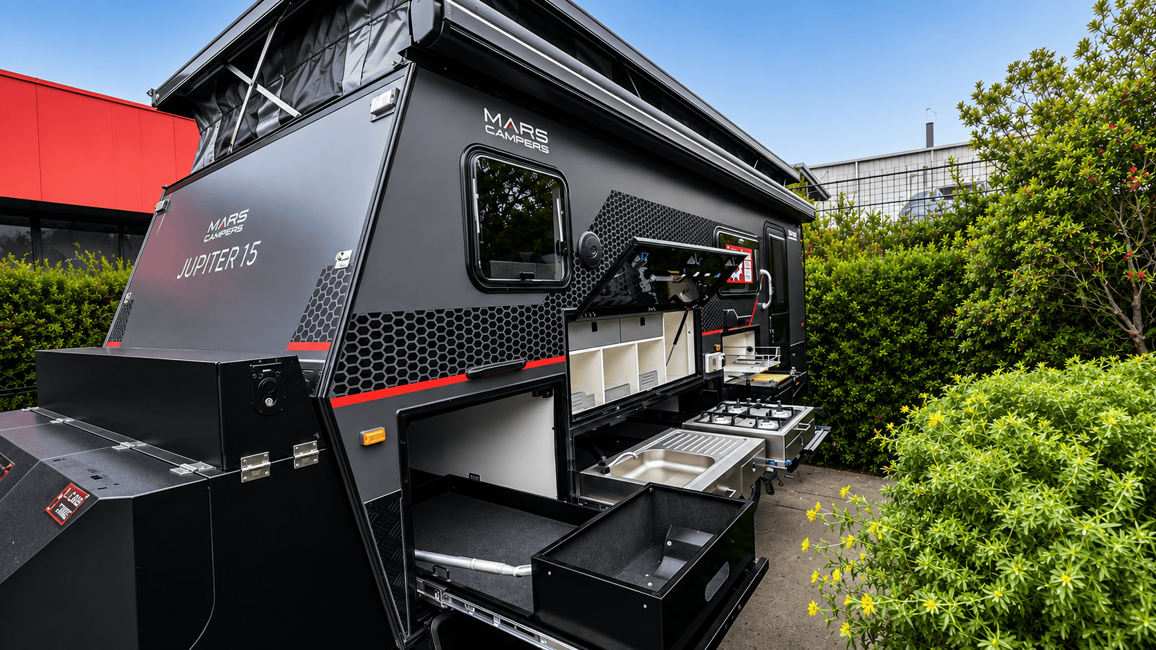 Mars Jupiter 15 Offroad couples Hybrid Caravan exterior view with kitchen