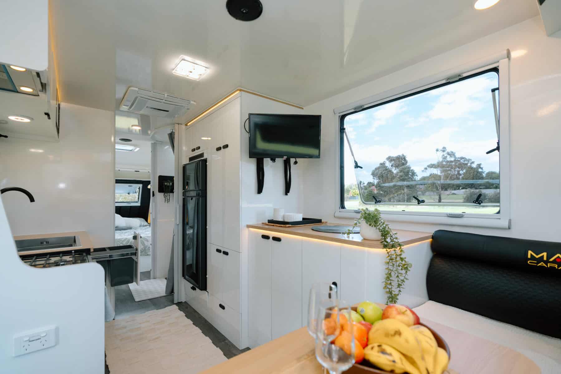 Mars 22 foot Offroad Couples caravan interior alternate angle of lounge area and hallway