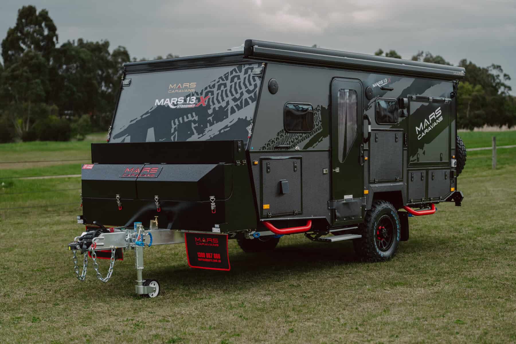 1. Mars 13 Elite offroad family caravan exterior front angle hero shot fully closed