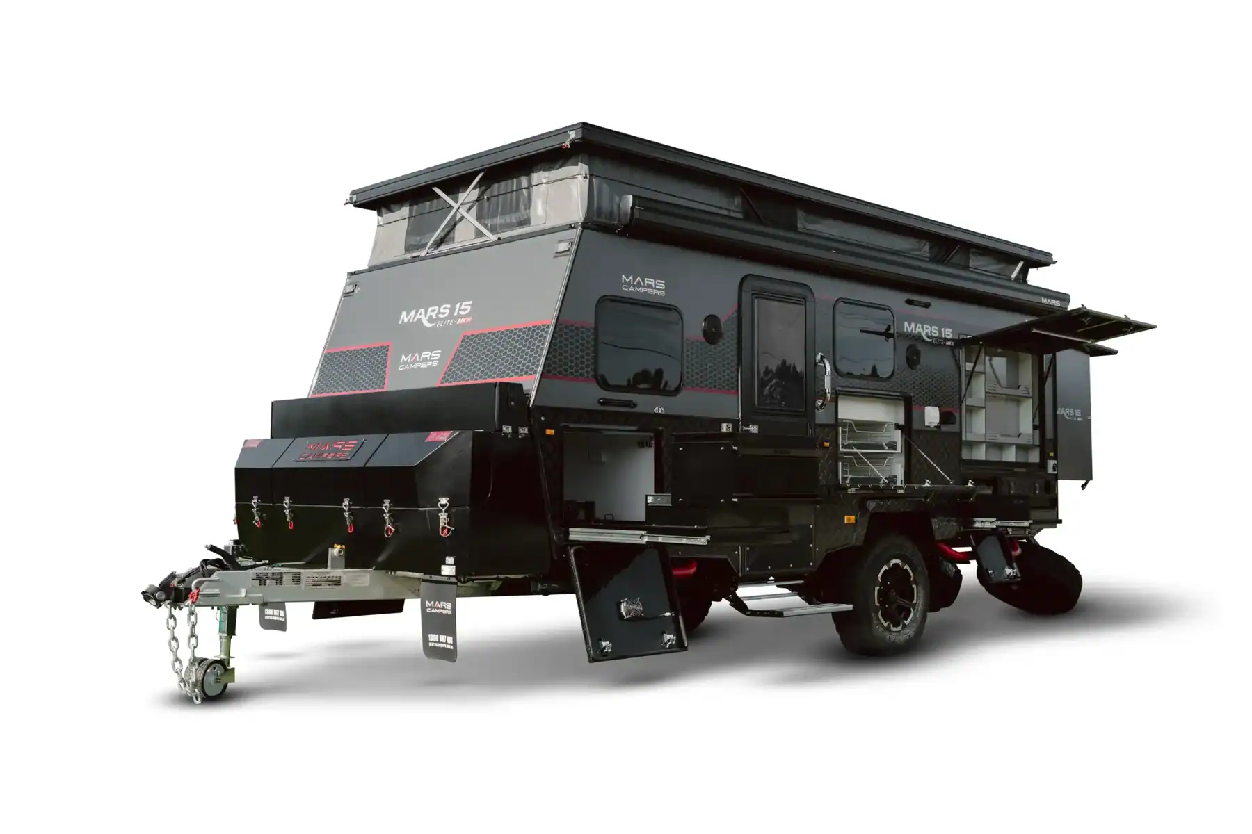 Mars 15 Elite MK 2 family offroad caravan exterior side angled full setup poptop hybrid with 4.5m electric waterproof awning copy