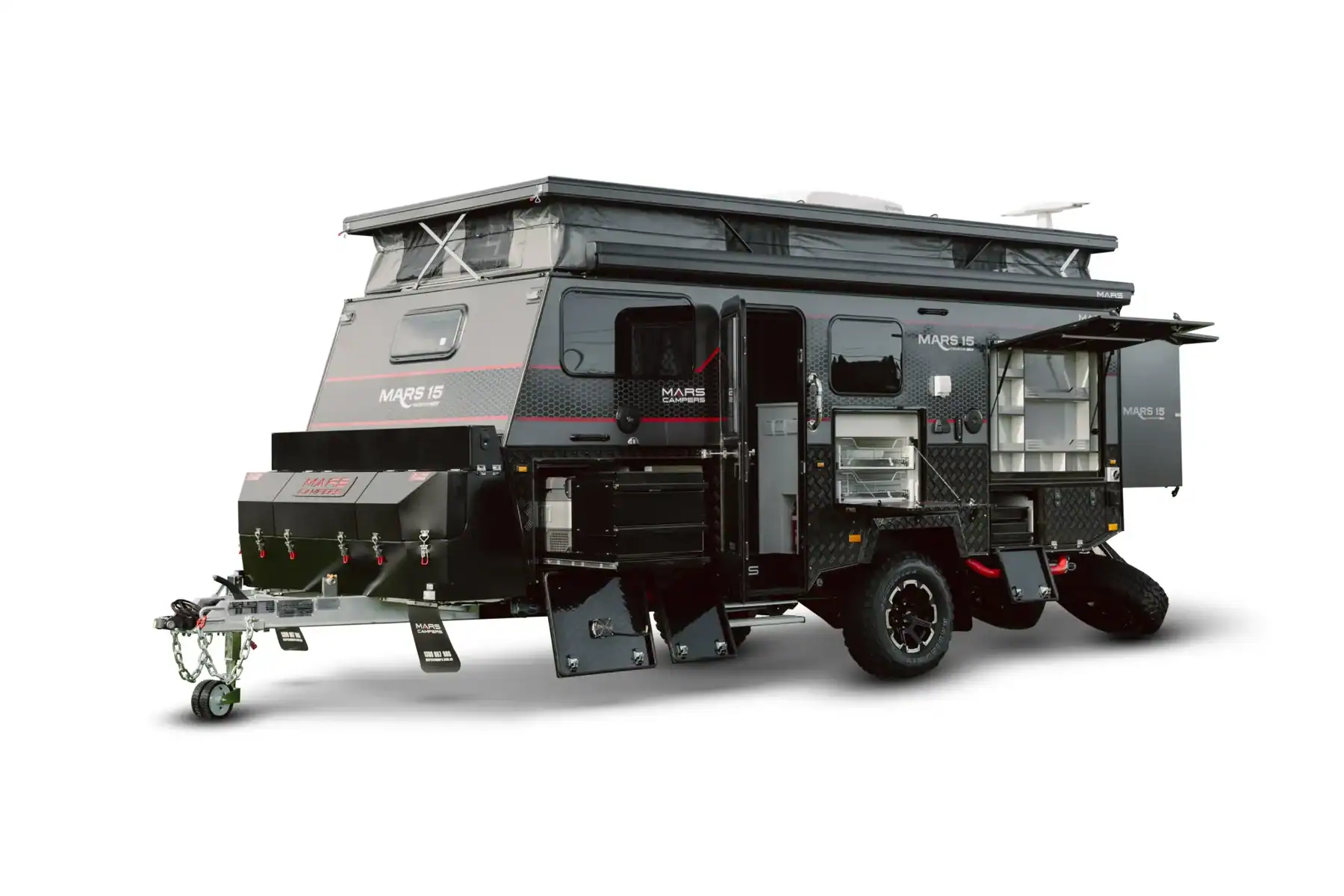 Mars 15 Premium MK 2 couples offroad caravan exterior front angled view of fully set up pop top hybrid with front stoneguard and toolbox copy