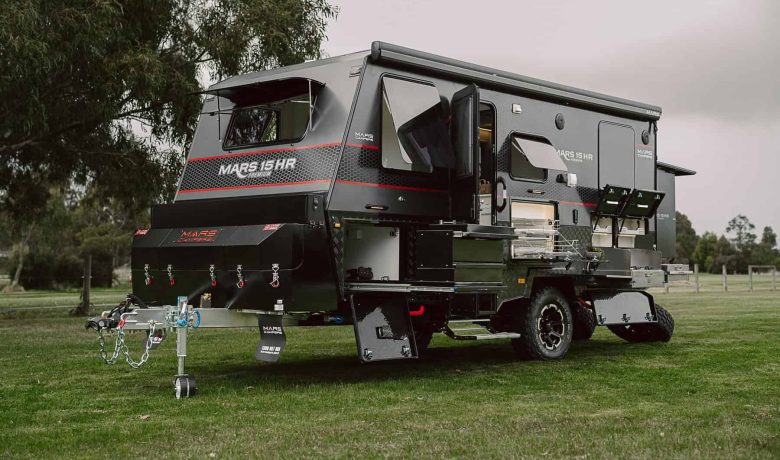 5. Mars 15 Premium HR Hybrid Caravan Exterior front angle fully set up with opened windows