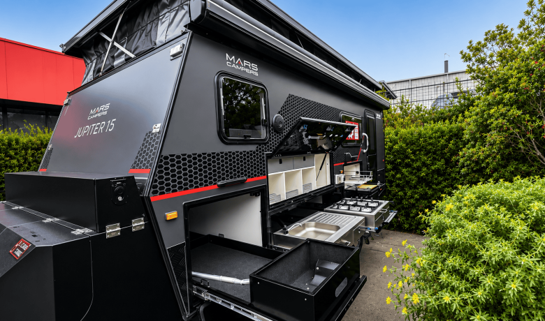 Mars Jupiter 15 Offroad couples Hybrid Caravan exterior view with kitchen
