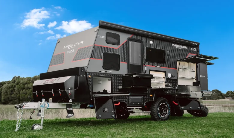 Mars 15 Elite HR family hybrid caravan exterior full setup angled profile