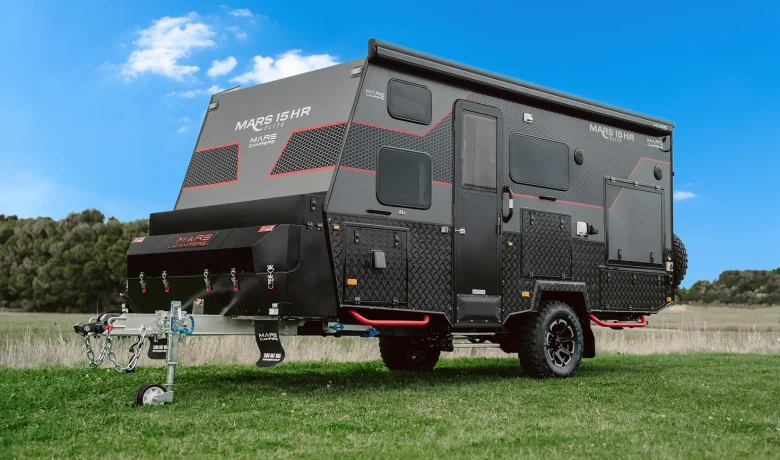 Mars 15 Elite HR family off road hard top caravan exterior angled front profile view closed up