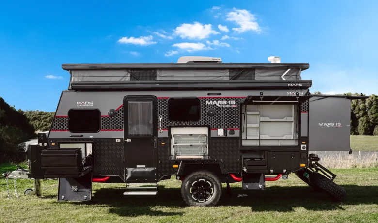 Mars 15 Elite MK 2 family offroad caravan exterior full setup side profile pop top with 4.5m electric waterproof awning