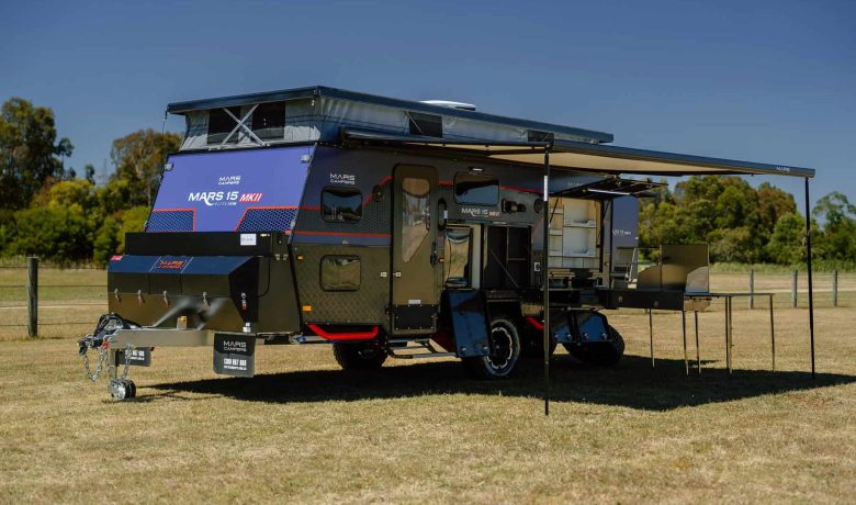 Mars 15 elite triple bunk offroad family hybrid caravan exterior front angled view with extended awning