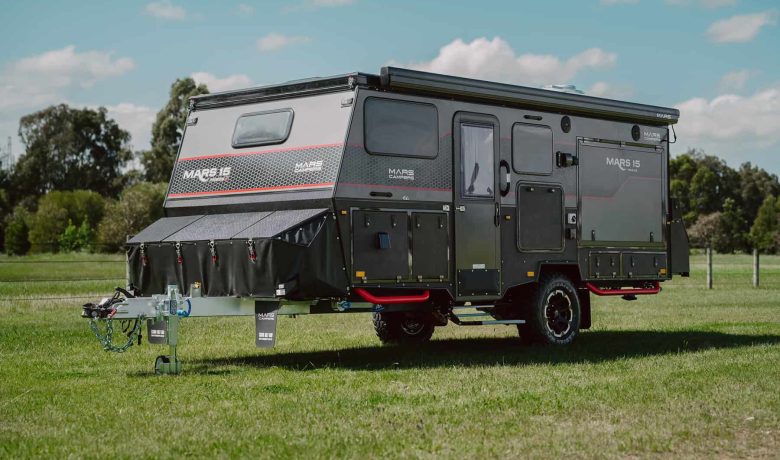 Mars 15 premium S offroad couples hybrid caravan exterior travel ready closed up front angled view