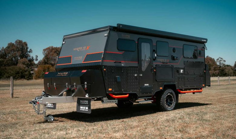 Mars 15X Platinum couples offroad hybrid caravan exterior closed up and travel ready